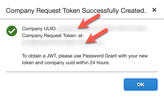 Confirmation screen showing the company request token successfully created.