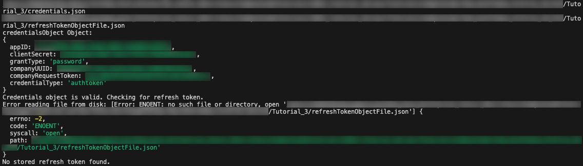 Message in the terminal that show the credentials object.