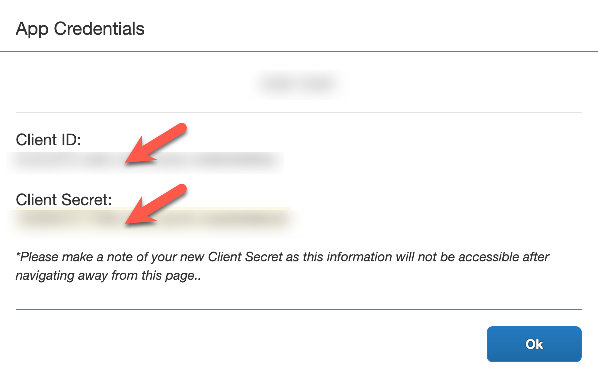 Confirmation screen showing the Client ID and Client Secret. 