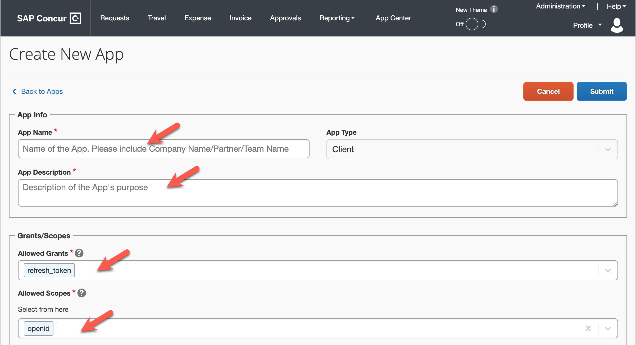 New app request form.