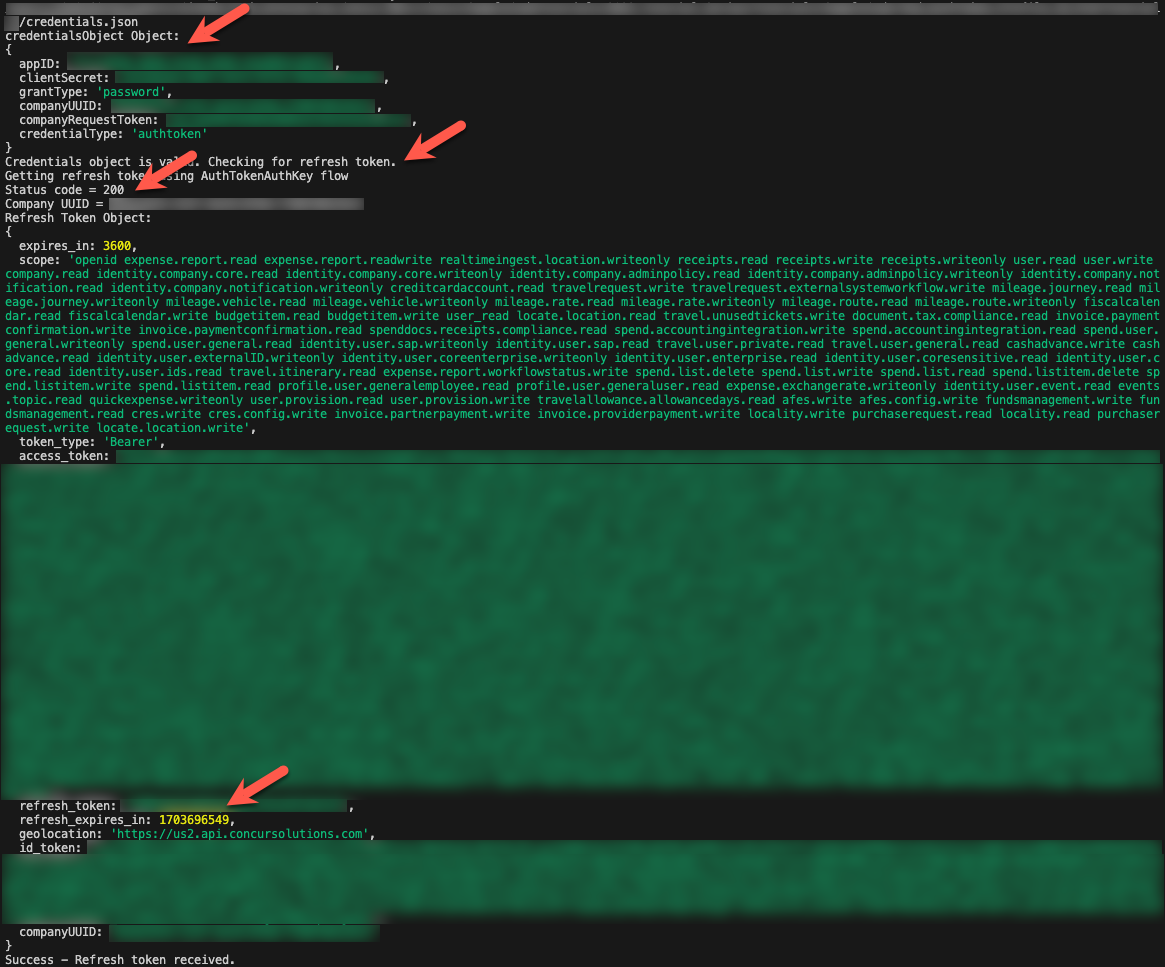Successful API call with private information grayed out.