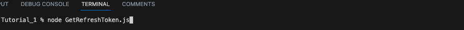 Terminal showing the node GetRefreshToken.js command.