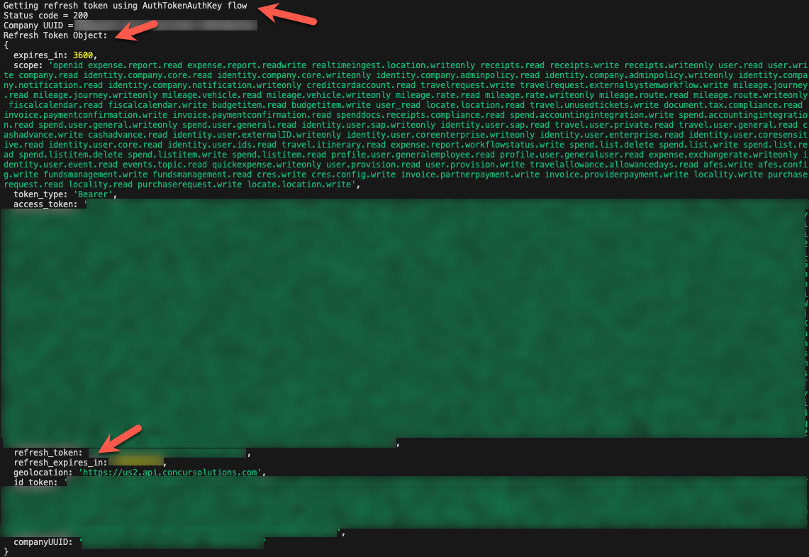 Response showing refresh token, private information grayed out.