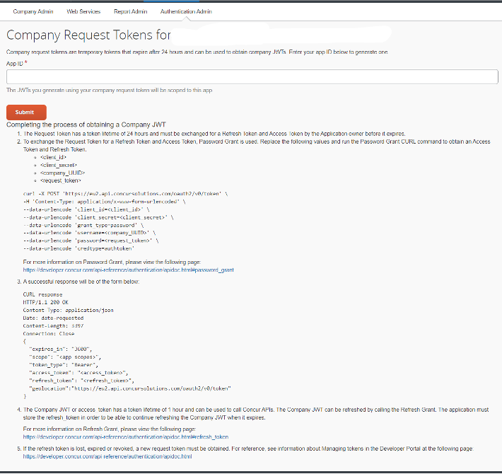 Screenshot of the Company Request Tokens page