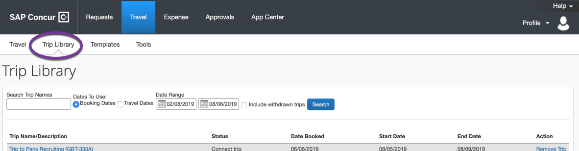 SAP Concur UI showing trip details in the trip library