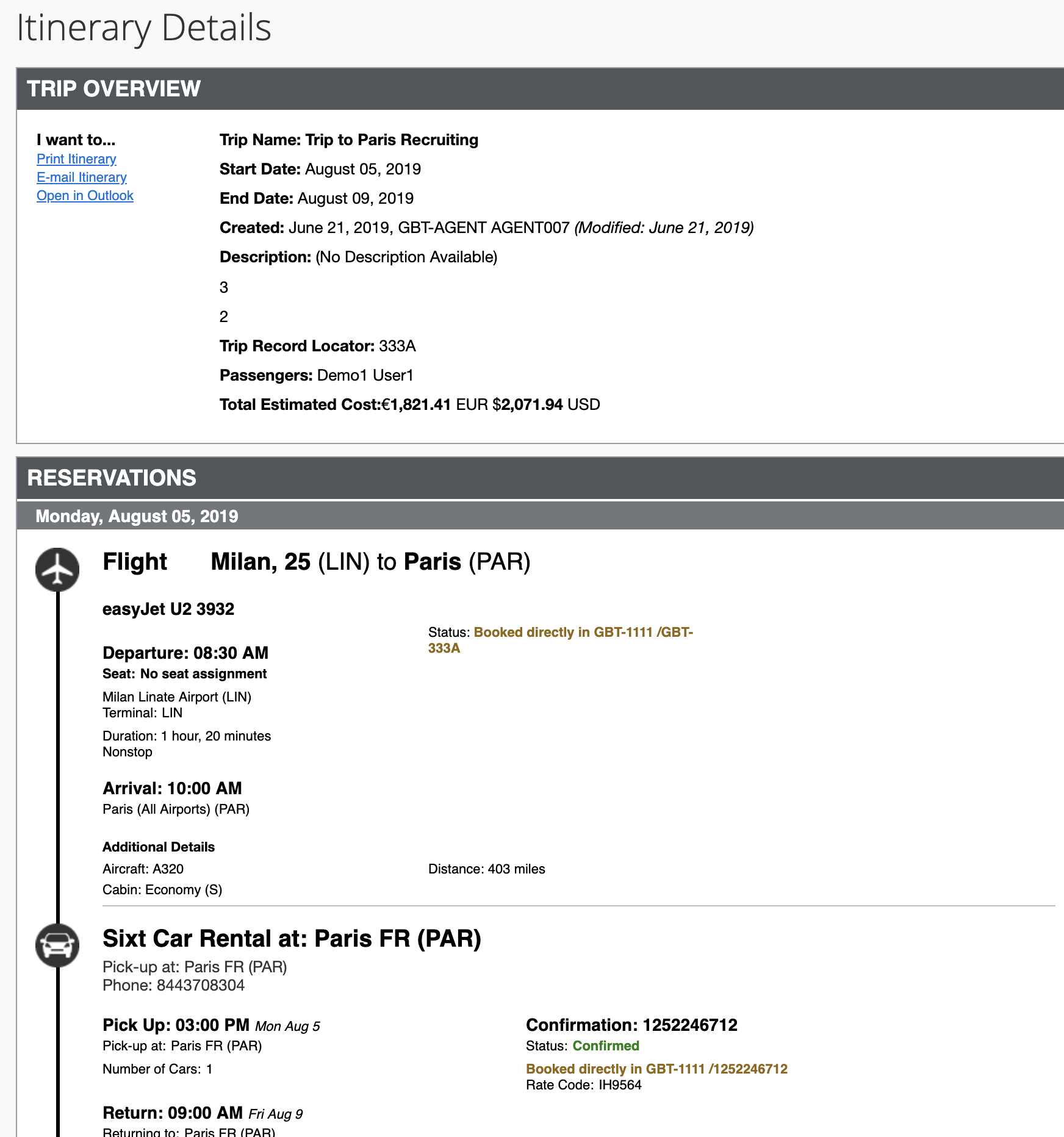 SAP Concur UI showing itinerary details