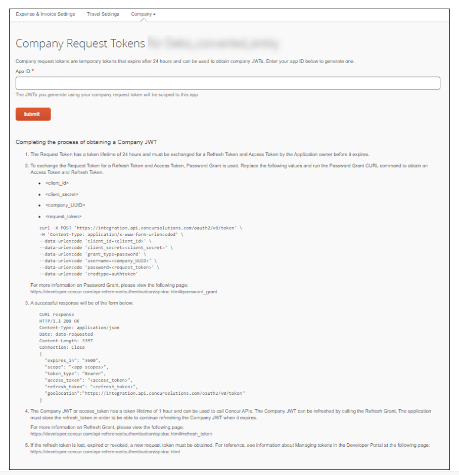 Product screen showing the Company Request Tokens page