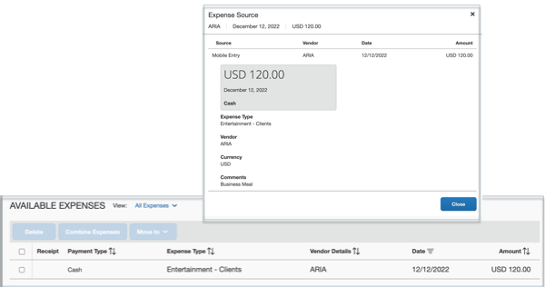 Example of a Quick Expense Item in the Available Expense Listing Page