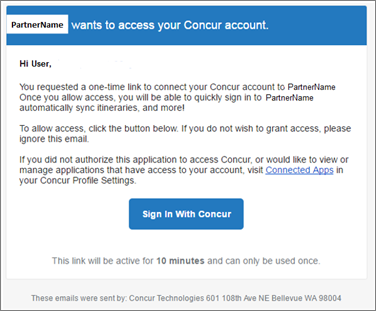 Concur authentication prompt for the user, after they have chosen to connect their account at the partner site with their Concur account, using the one time password flow.