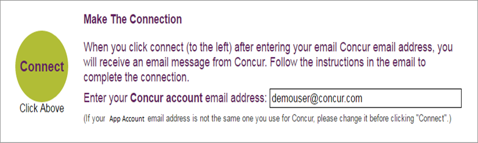 Example of what an App Center partner might display on their own site to allow their users to connect their user account at the partner with their account at Concur, using the one time password flow.