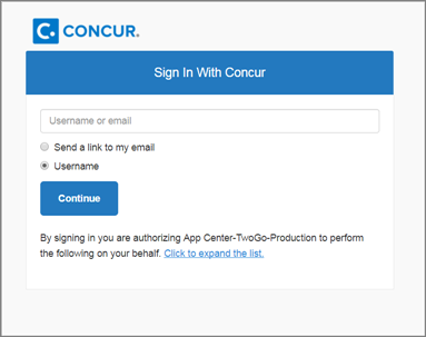 Concur authentication prompt for the user, after they have chosen to connect their account at the partner site with their Concur account. They have two options, Send a link to my email, or enter their username to authenticate.